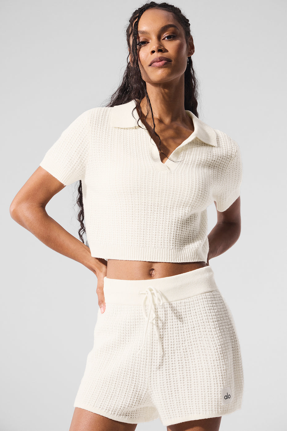 Cashmere Plush Waffle Polo Tee - Ivory