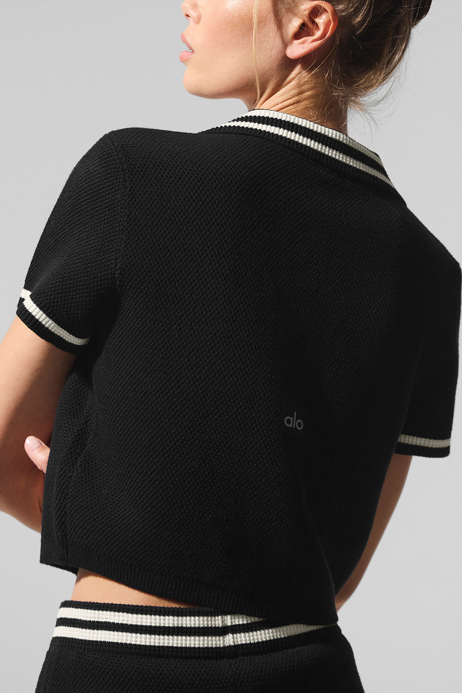 Tennis Club Sweater Knit Cropped Polo - Black/Ivory