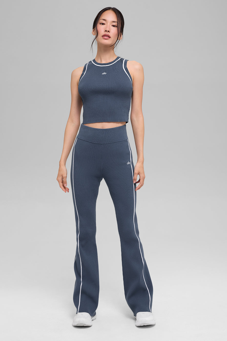 Ribbed Sweater Knit Highline Cropped Tank - Bluestone/White