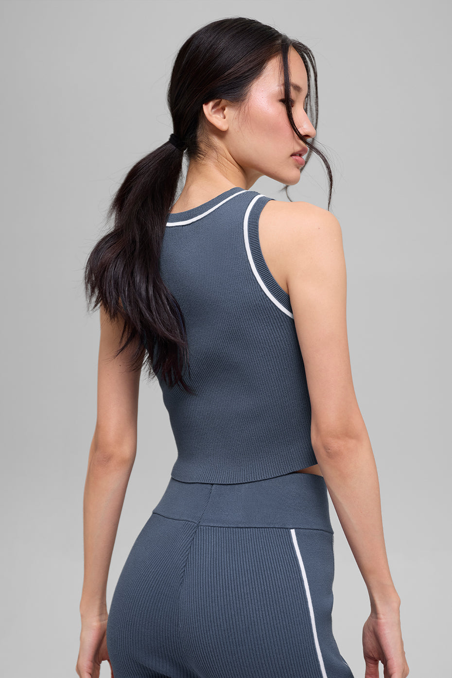 Ribbed Sweater Knit Highline Cropped Tank - Bluestone/White