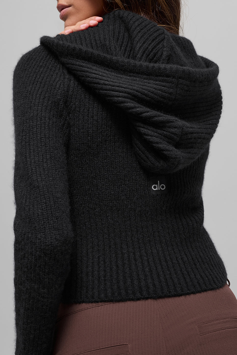 Wool Cashmere Ribbed Noble Full Zip Hoodie - Black