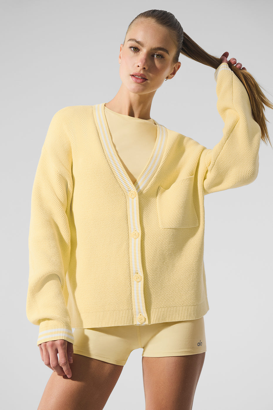 Tennis Club Sweater Knit Cardigan - Warm Butter/White