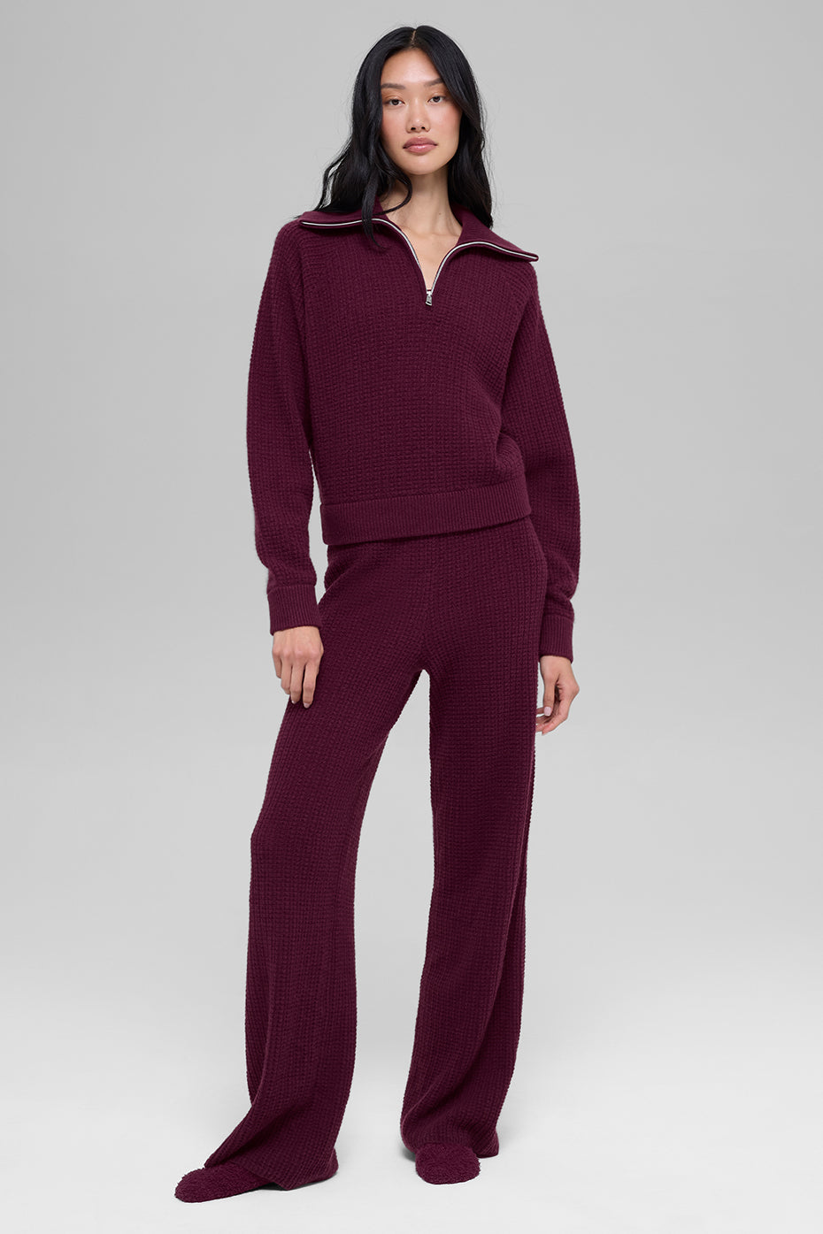 Cashmere Plush Waffle 1/4 Zip Pullover - Burgundy