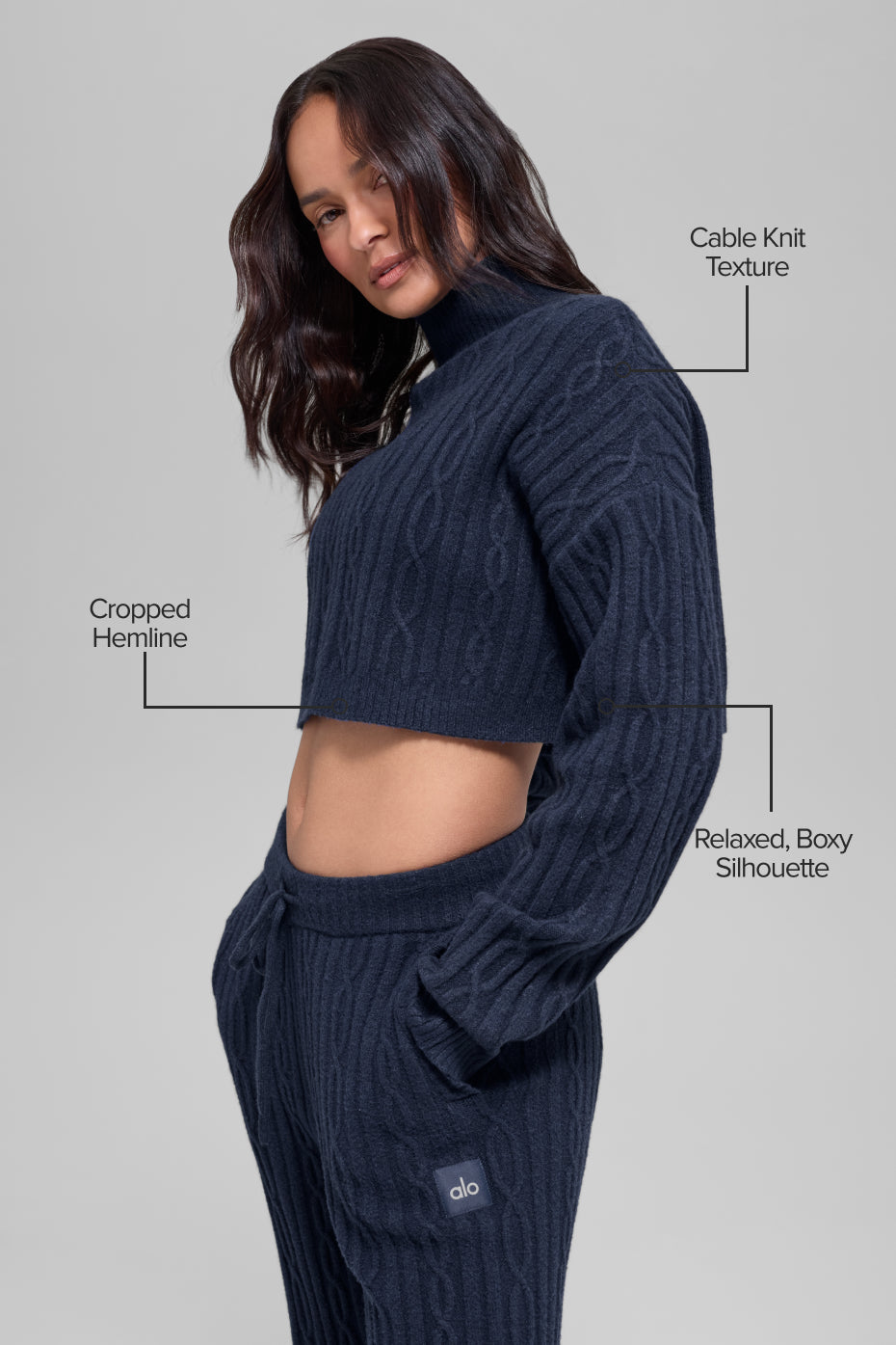 Cable Knit Cropped Winter Bliss Turtleneck Long Sleeve - Navy