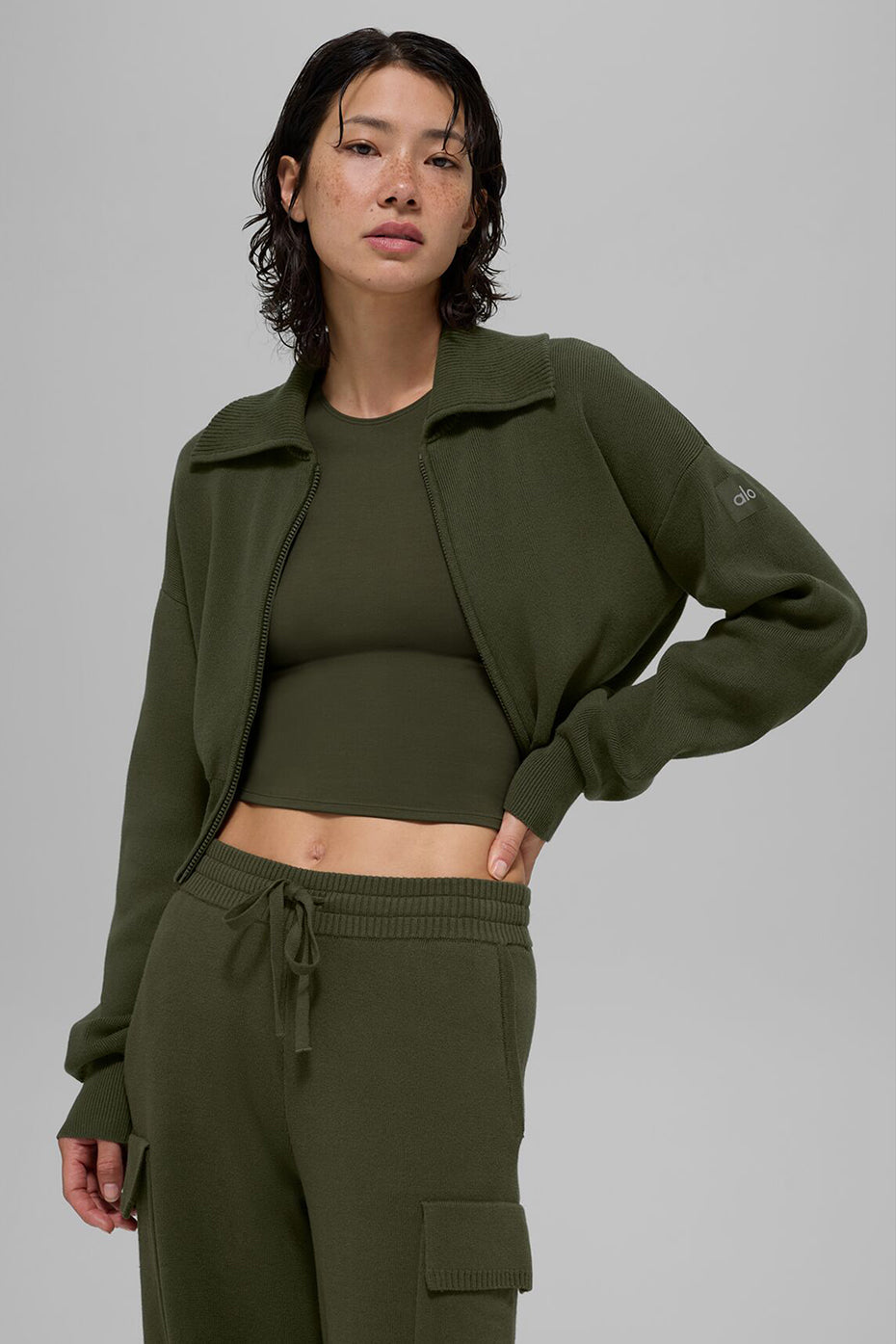 Scholar Knit Cropped Full Zip Jacket - Green Olive