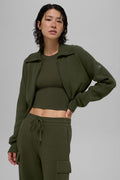 Scholar Knit Cropped Full Zip Jacket - Green Olive
