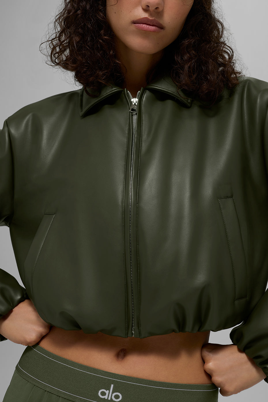 Faux Leather Cropped Premier Bomber - Green Olive