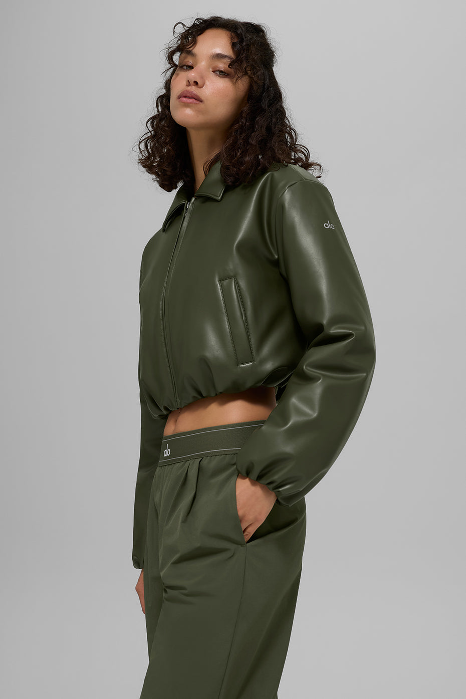 Faux Leather Cropped Premier Bomber - Green Olive