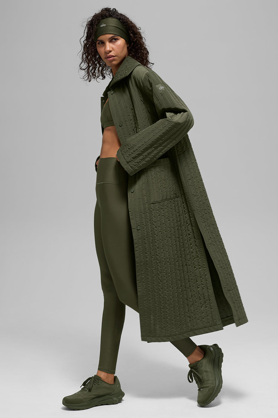 Quilted Skyline Long Coat - Green Olive