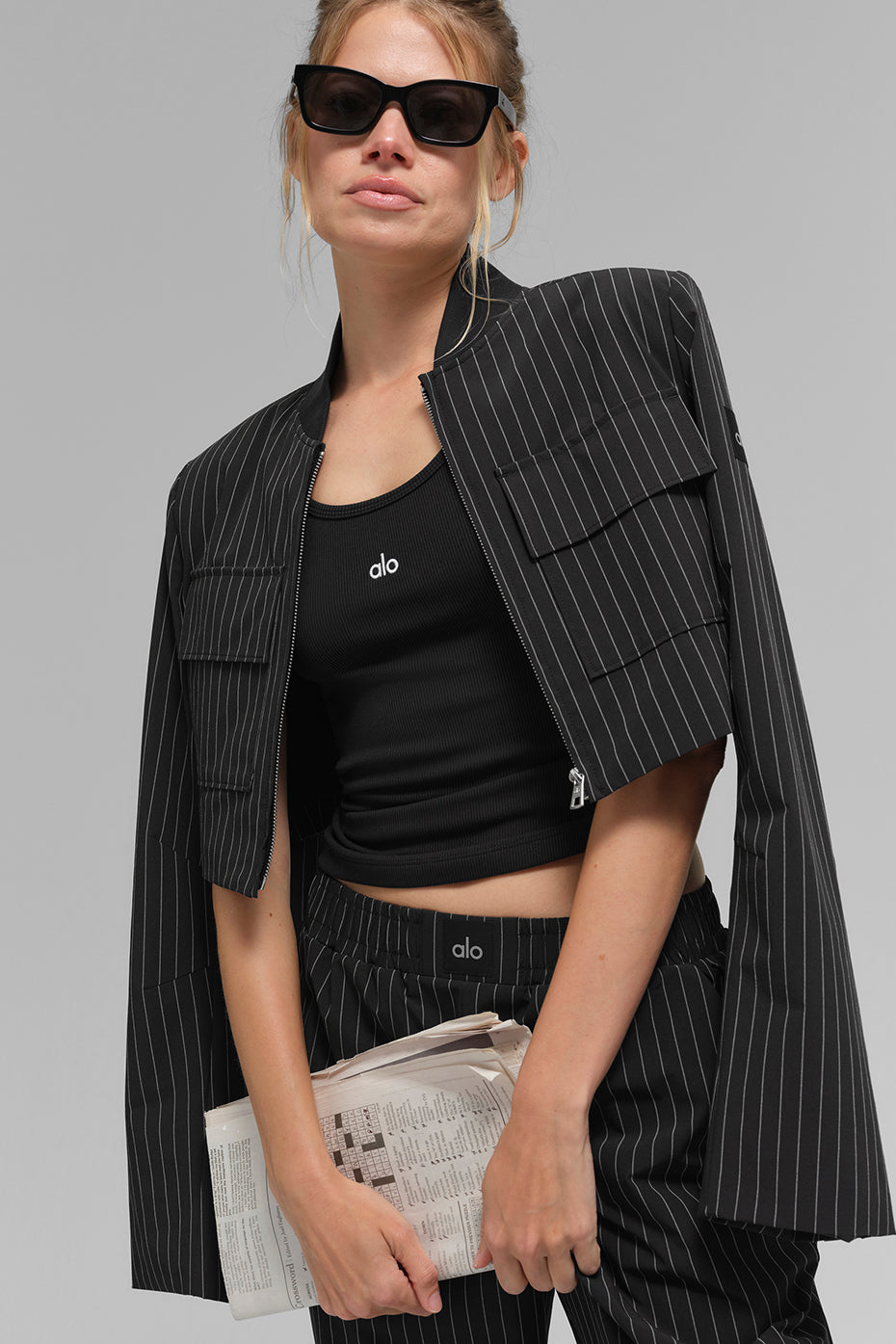 Cropped Pinstripe Main Character Full Zip Jacket - Black/Titanium
