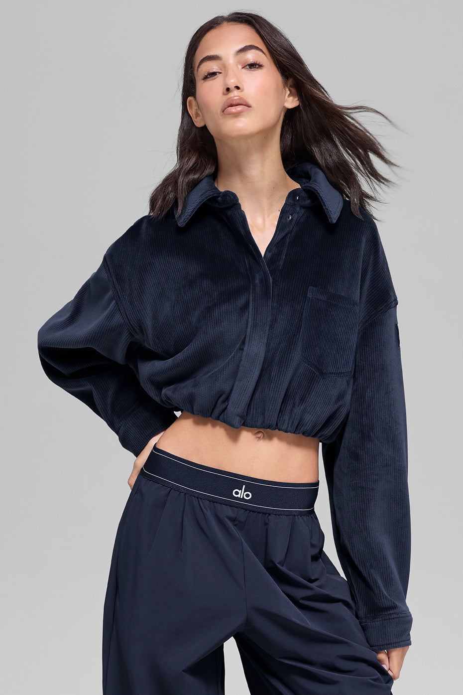 Ribbed Velour Cropped Mountain Side Jacket - Navy